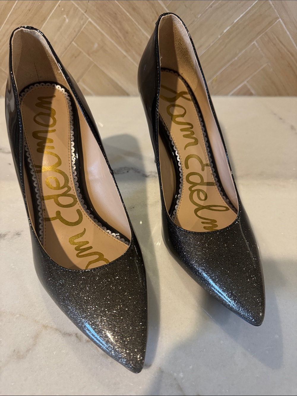 Sam Edelman Black Glitter Pointed-Toe Stiletto Pumps
